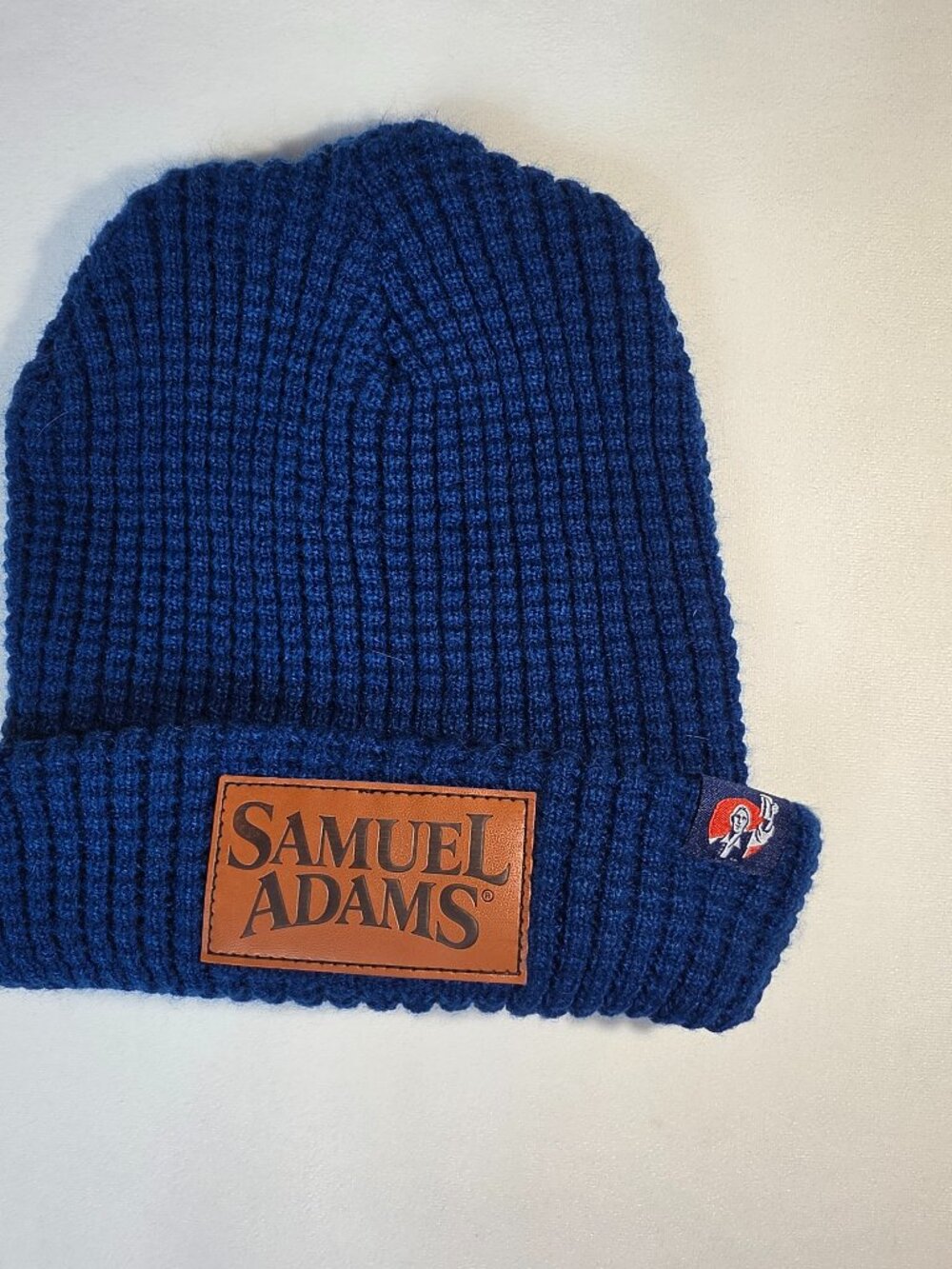 Samuel Adams Blue Waffle Knit Beanie Hat Faux Leather Logo Patch Mens OSFM
